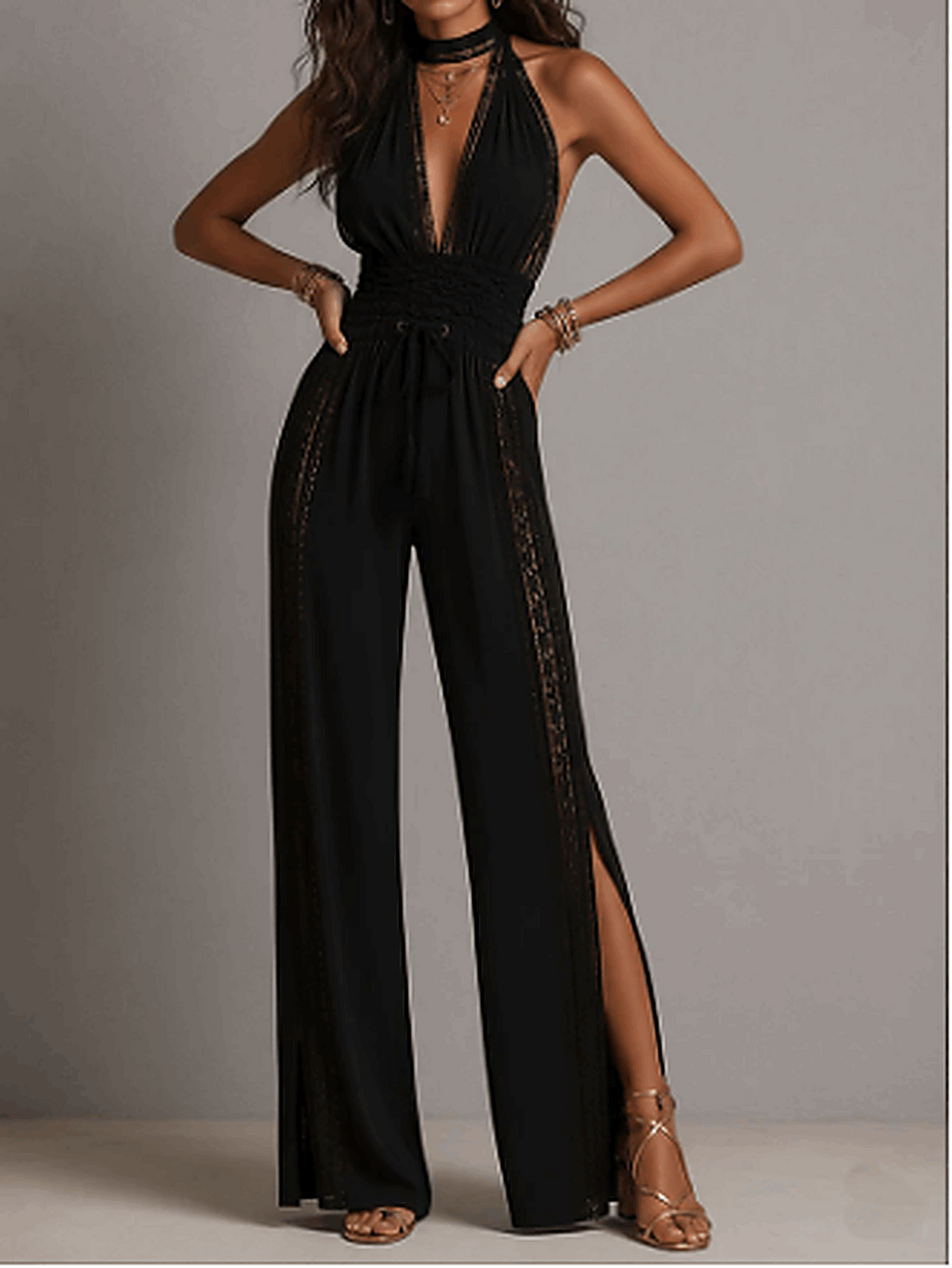 Minerva | Mono de una pieza estilo bohemio elegante con paneles de encaje negro, cintura fruncida y pernera ancha.