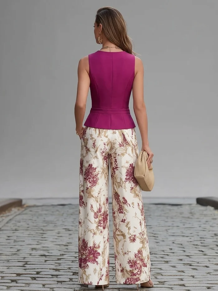 Aurora | Conjunto blazer sin mangas y pantalón ancho floral