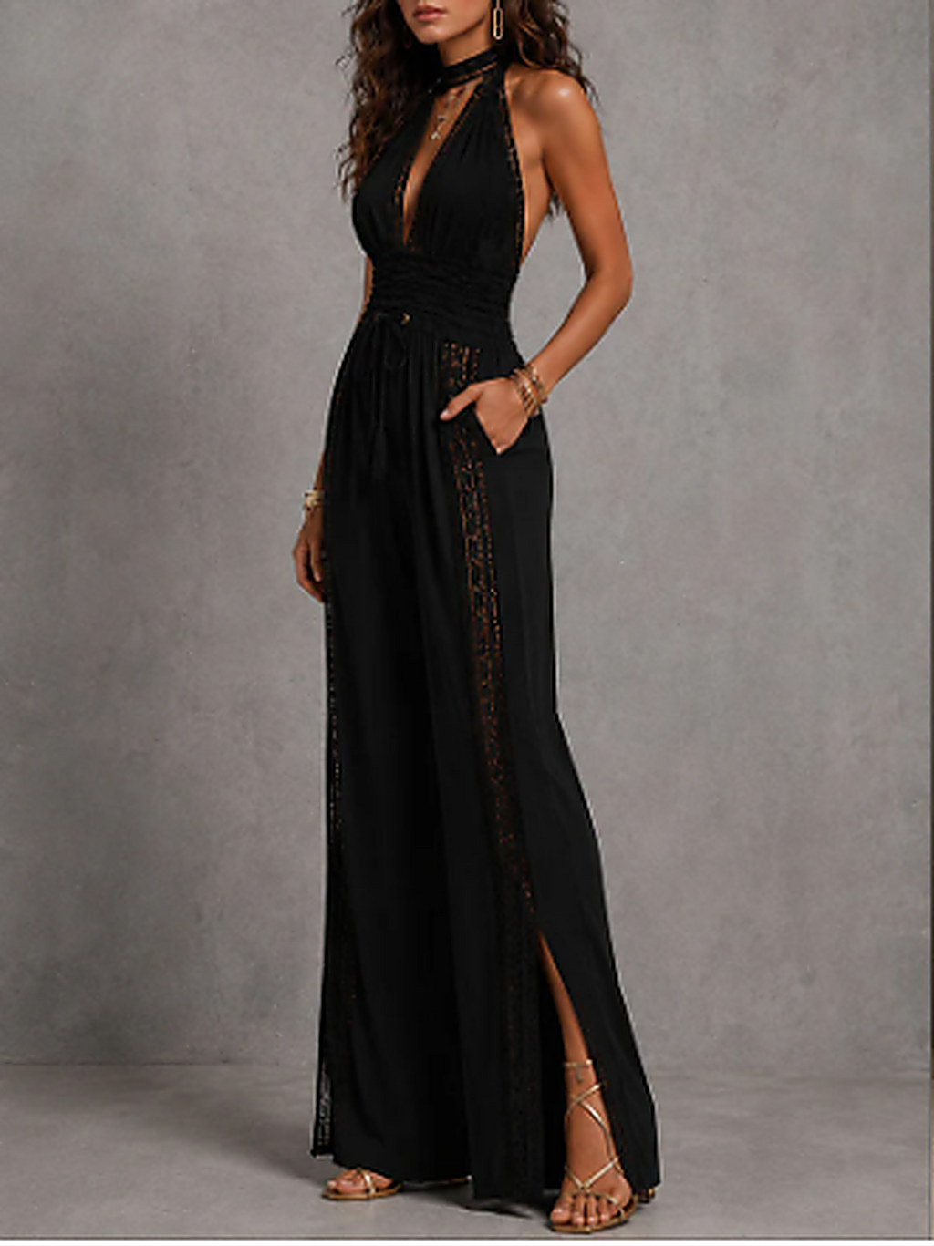 Minerva | Mono de una pieza estilo bohemio elegante con paneles de encaje negro, cintura fruncida y pernera ancha.