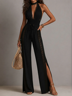 Minerva | Mono de una pieza estilo bohemio elegante con paneles de encaje negro, cintura fruncida y pernera ancha.