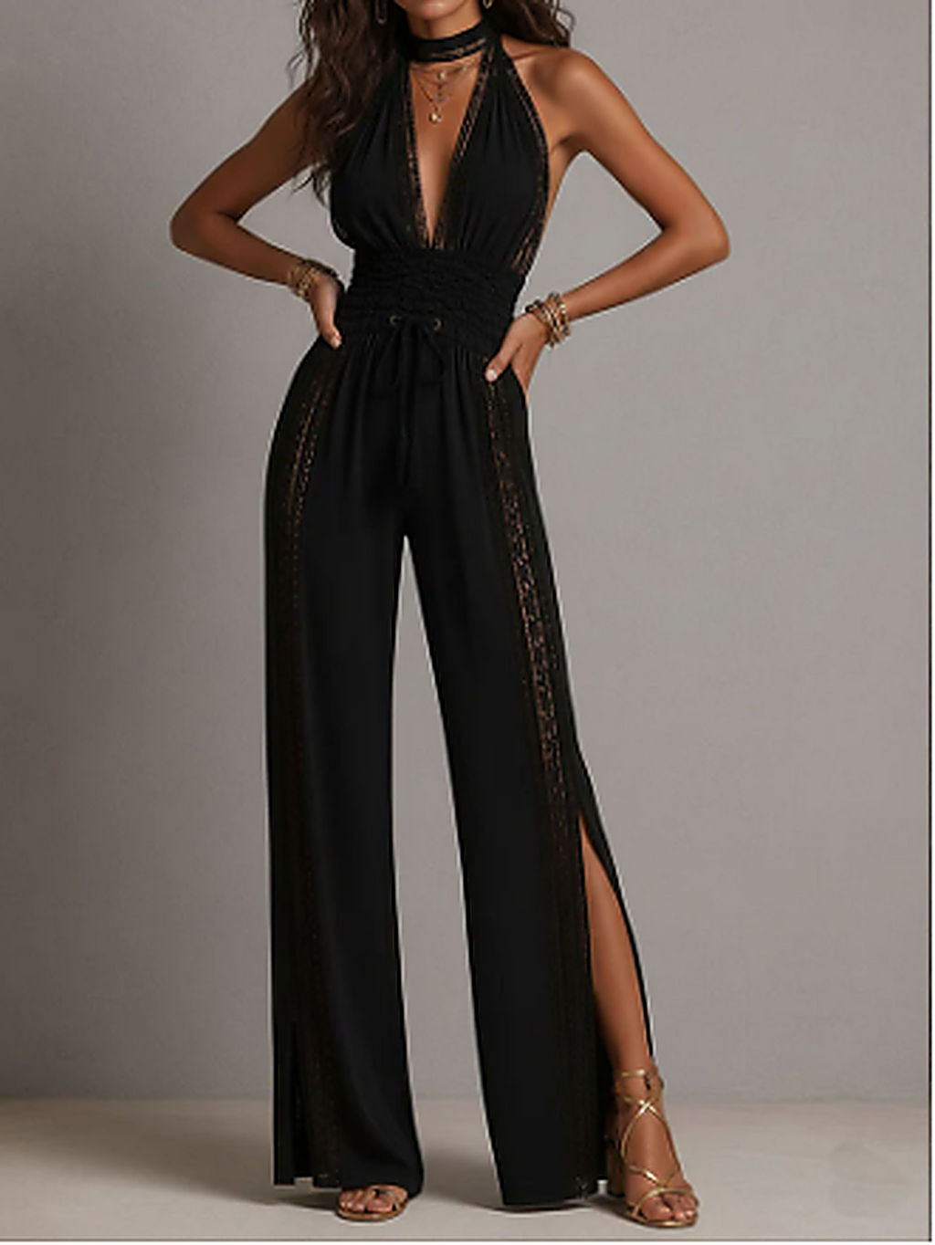 Minerva | Mono de una pieza estilo bohemio elegante con paneles de encaje negro, cintura fruncida y pernera ancha.