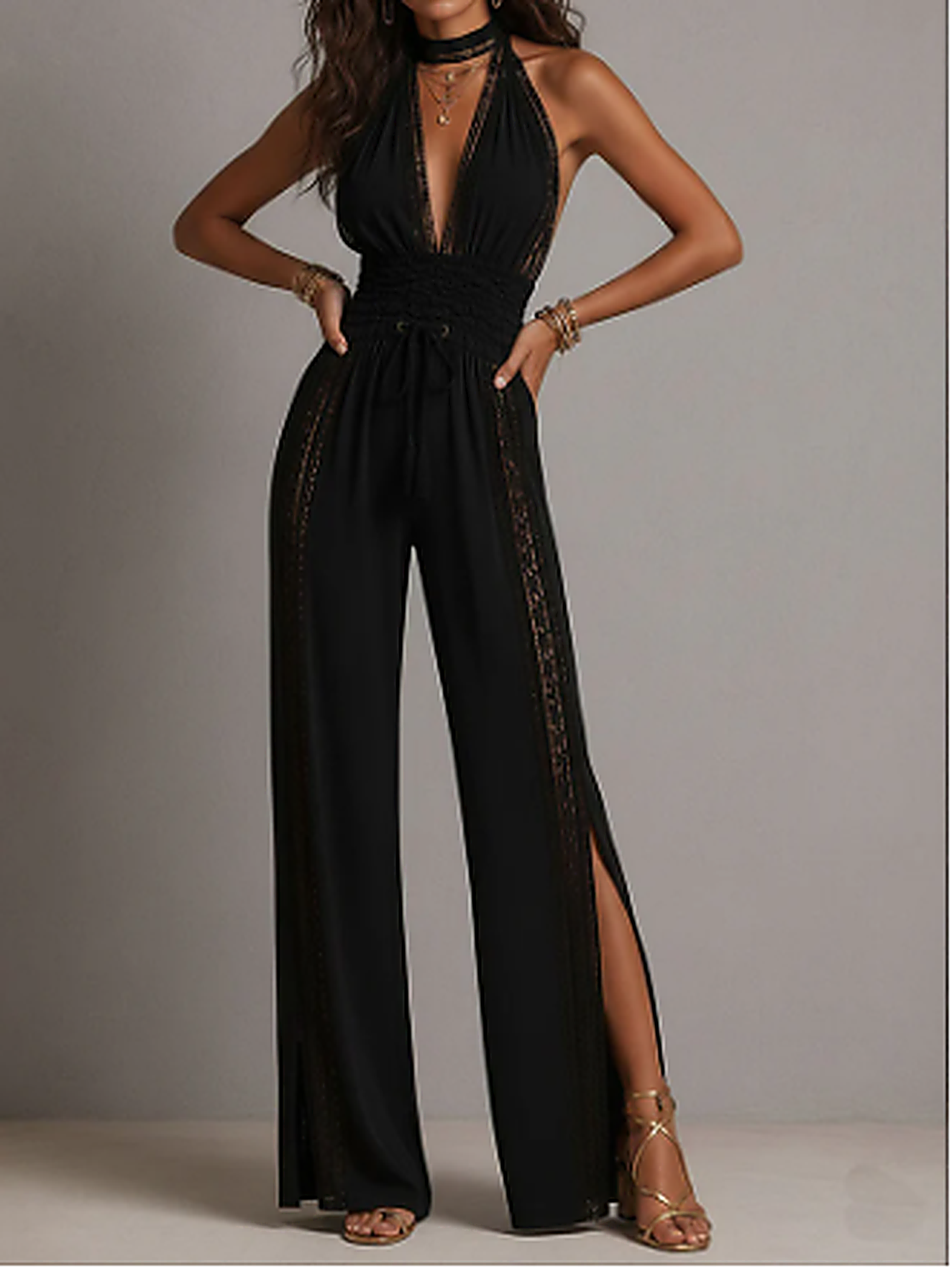 Minerva | Mono de una pieza estilo bohemio elegante con paneles de encaje negro, cintura fruncida y pernera ancha.