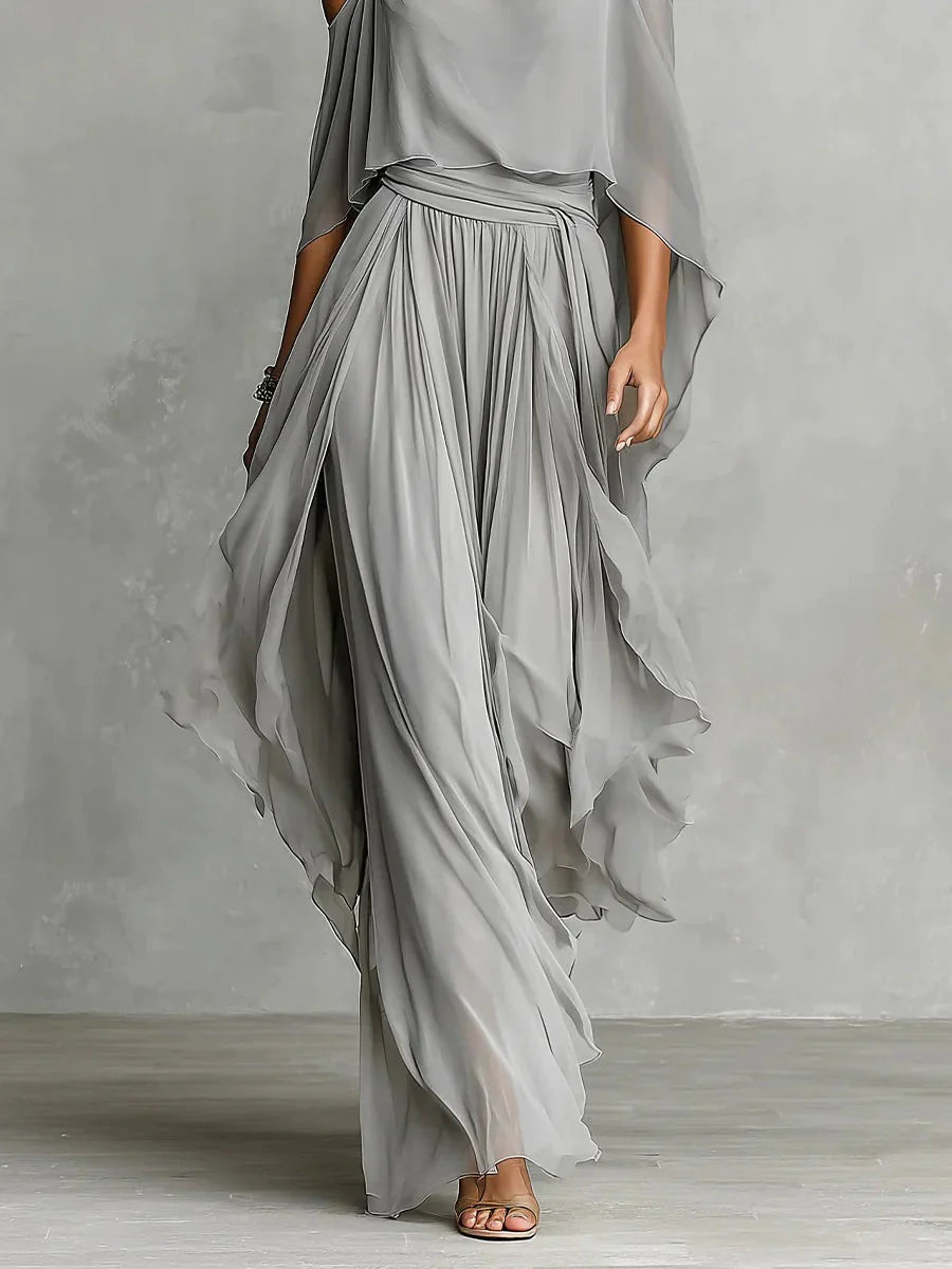Cristina | Conjunto gris fluido con top de tirantes y pantalones ligeros