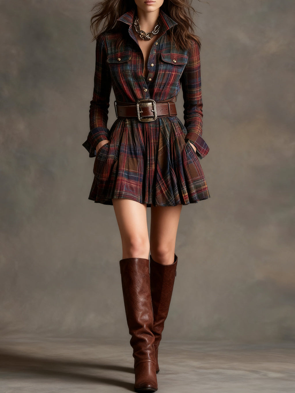 Solène | Mini-robe vintage à carreaux rouge et marron (ceinture incluse)