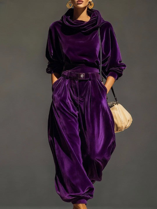 Gabrielle | Ensemble vintage marron en velours : sweat à capuche et pantalon ample (ceinture incluse)