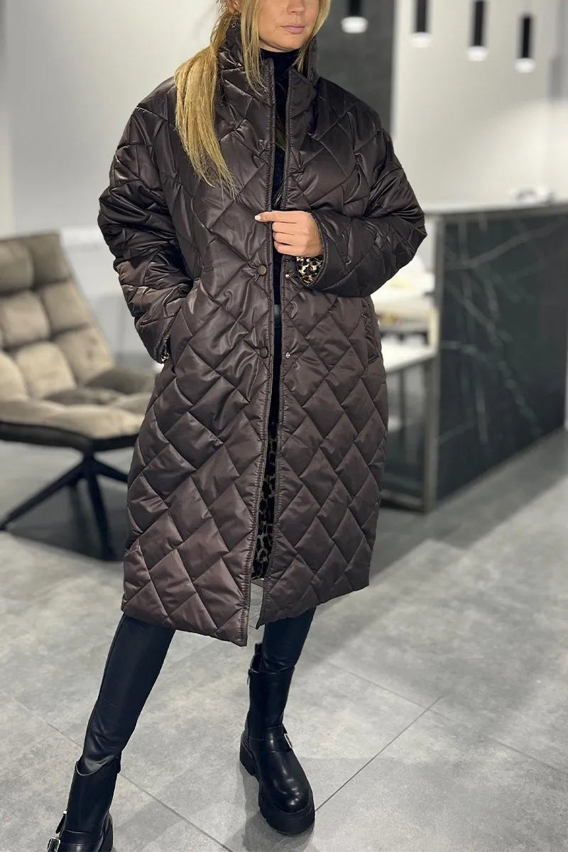 Olive™ | Manteau réversible matelassé mi-long avec doublure léopard