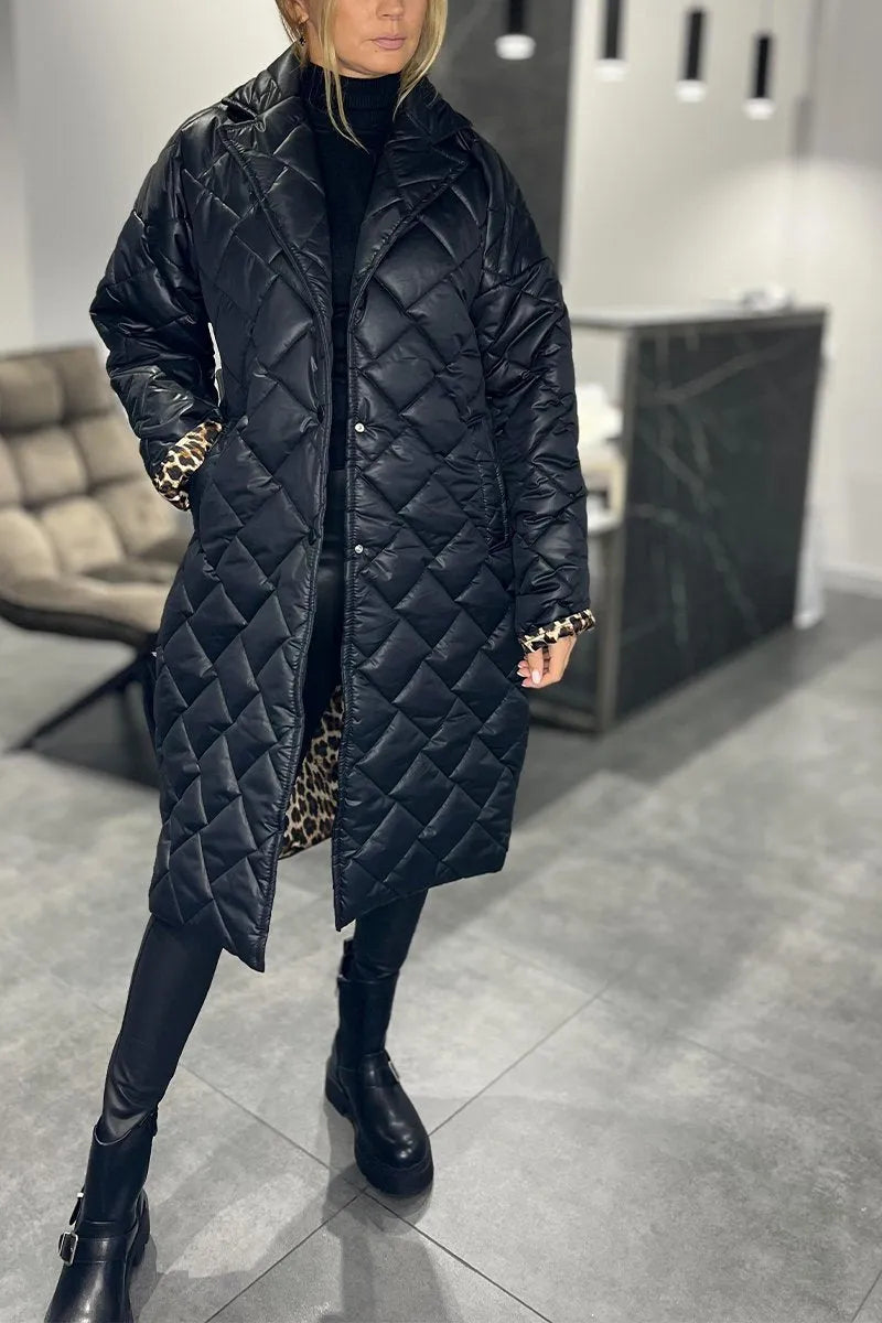 Olive™ | Manteau matelassé mi-long réversible avec doublure léopard