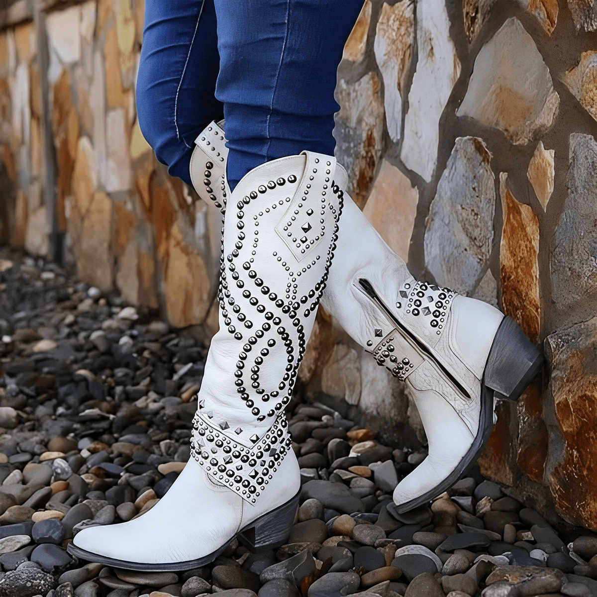 Évelyne | Bottes hautes à clous, bout pointu et talon bloc mi-haut