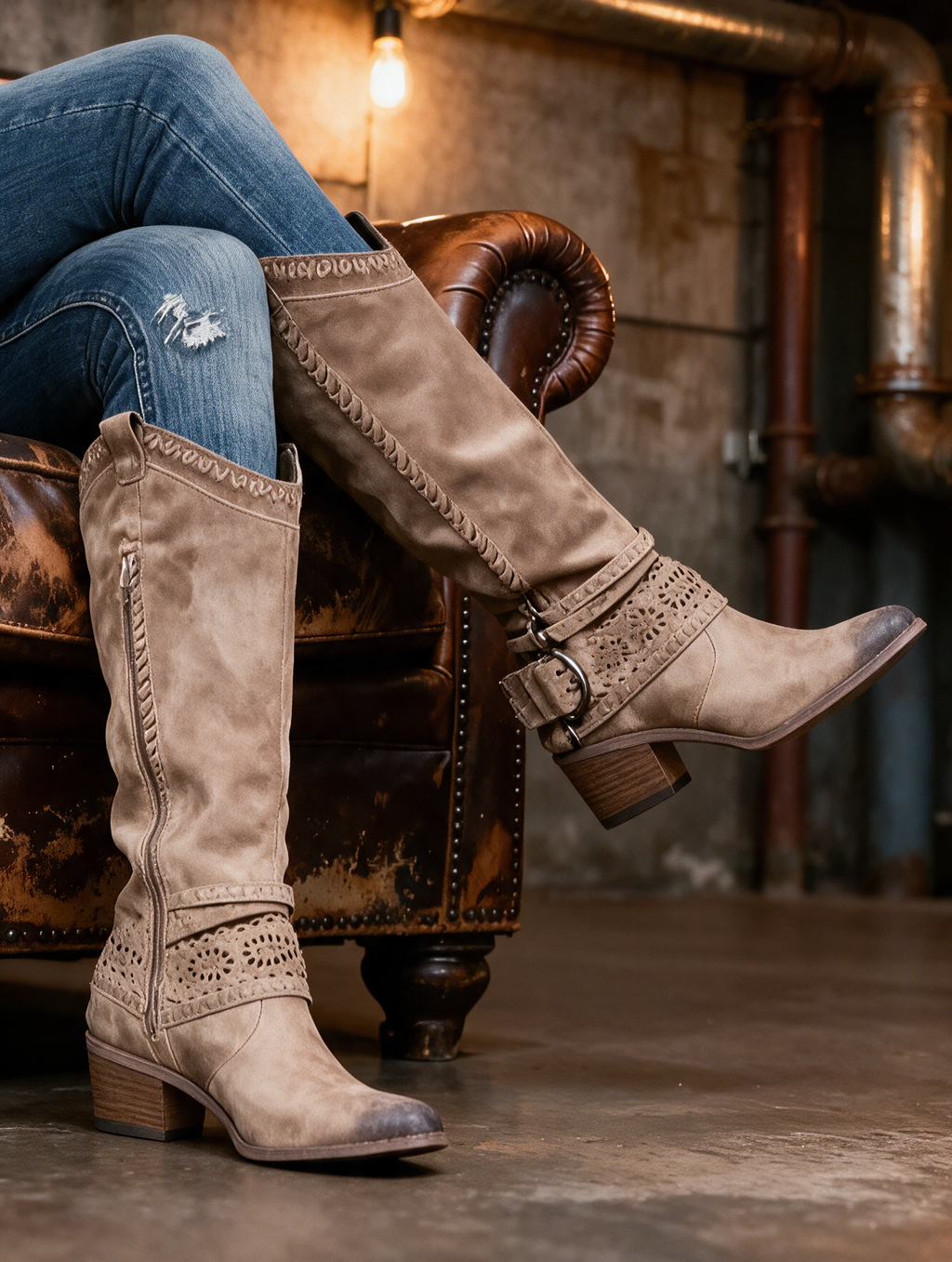 Solène | Bottes western slouchy à sangle harnais perforée et talon sculpté