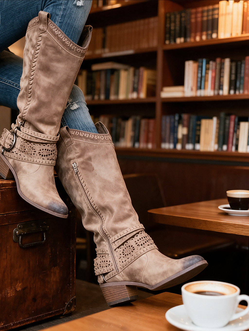 Solène | Bottes western slouchy à sangle harnais perforée et talon sculpté