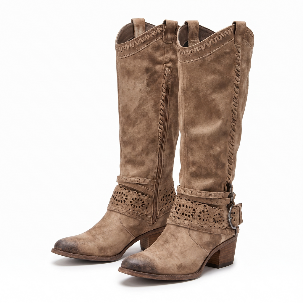 Solène | Bottes western slouchy à sangle harnais perforée et talon sculpté
