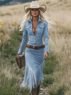 Camille | Robe mi-longue western rétro à revers, zippée, manches longues et franges