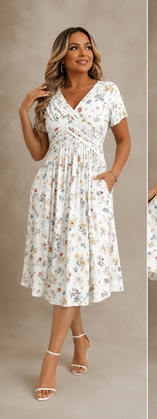 Noemí | Vestido midi floral cruzado de manga corta