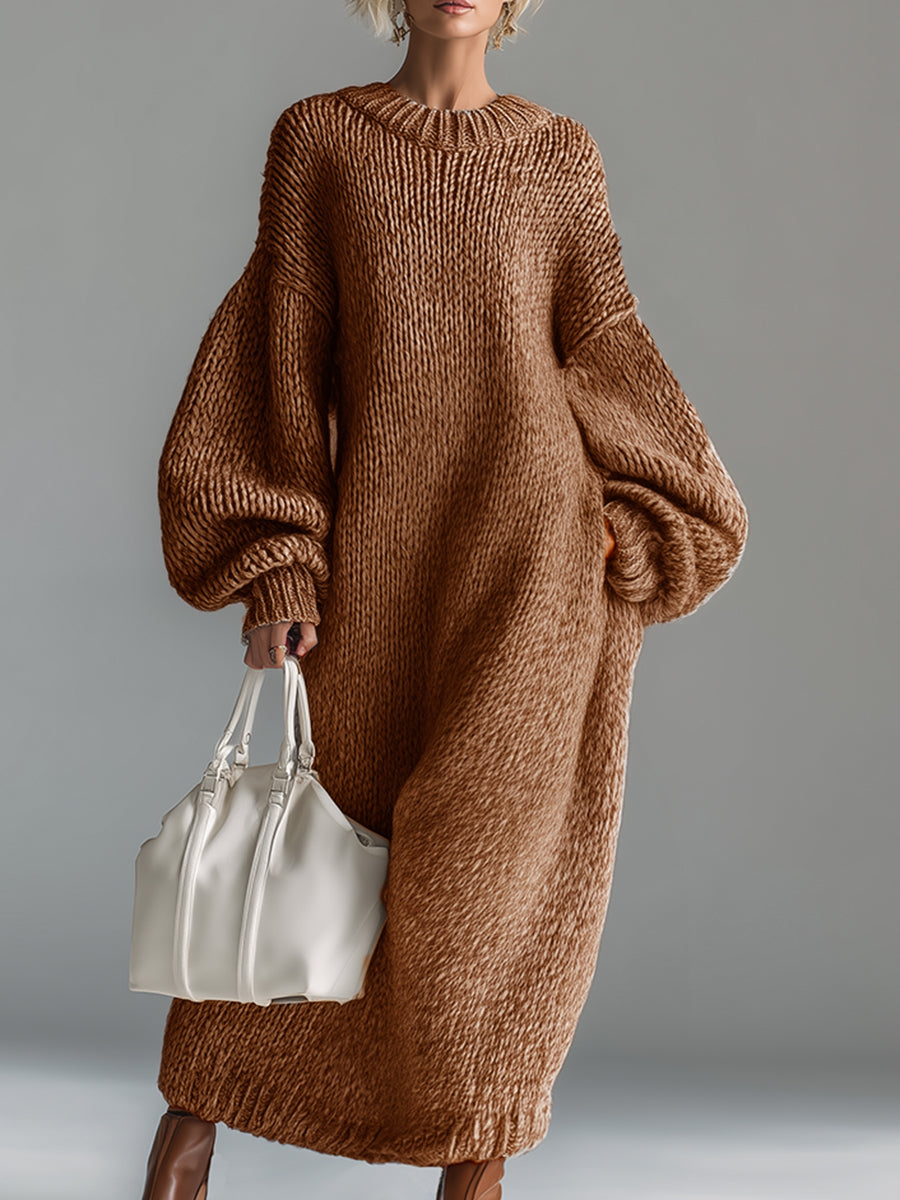 Ysaline | Robe longue élégante en maille chinée kaki à col rond