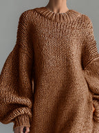 Ysaline | Robe longue élégante en maille chinée kaki à col rond