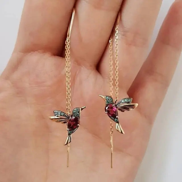 Bérénice - Boucles d'oreilles fil avec colibri en or et cristaux