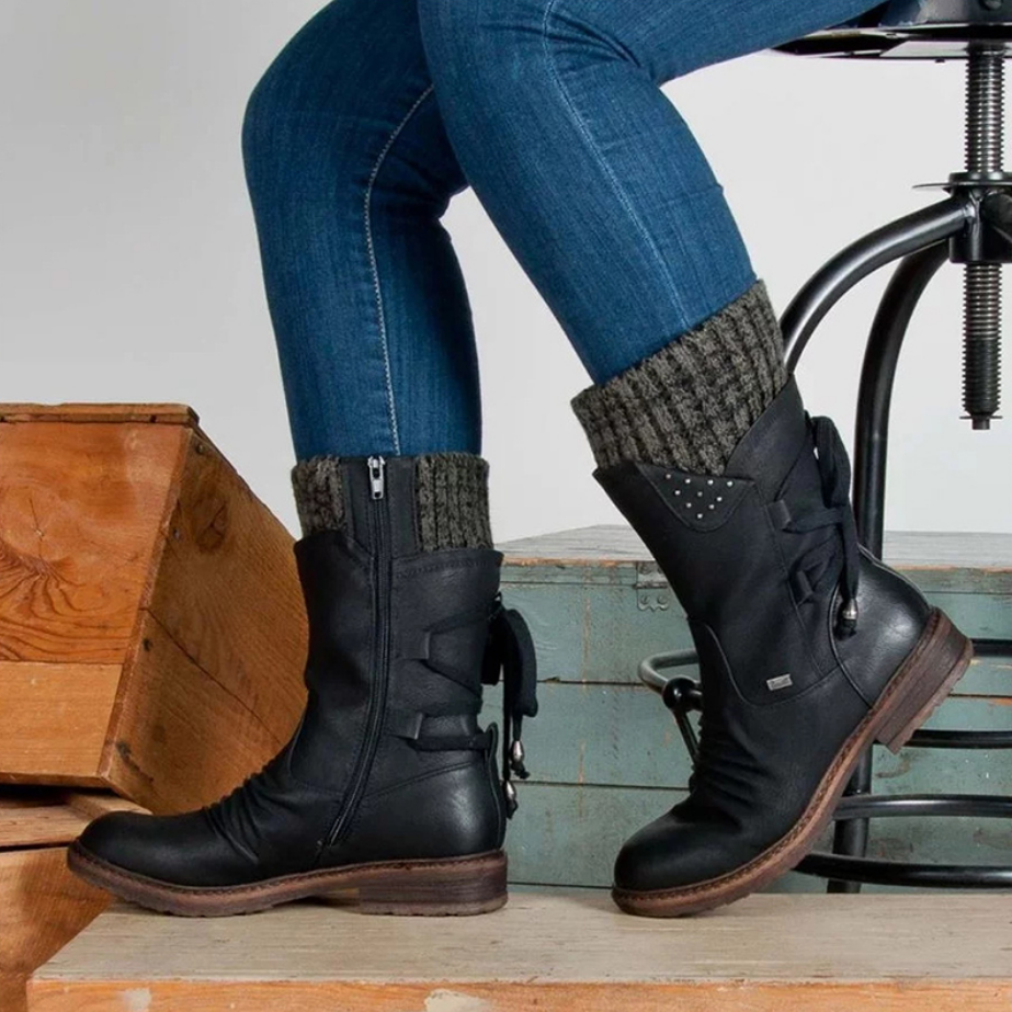 Renée | Bottes mi-mollet à revers en maille et lacets au dos