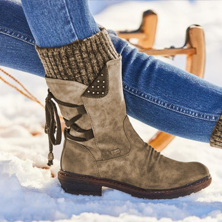 Renée | Bottes mi-mollet à revers en maille et lacets au dos