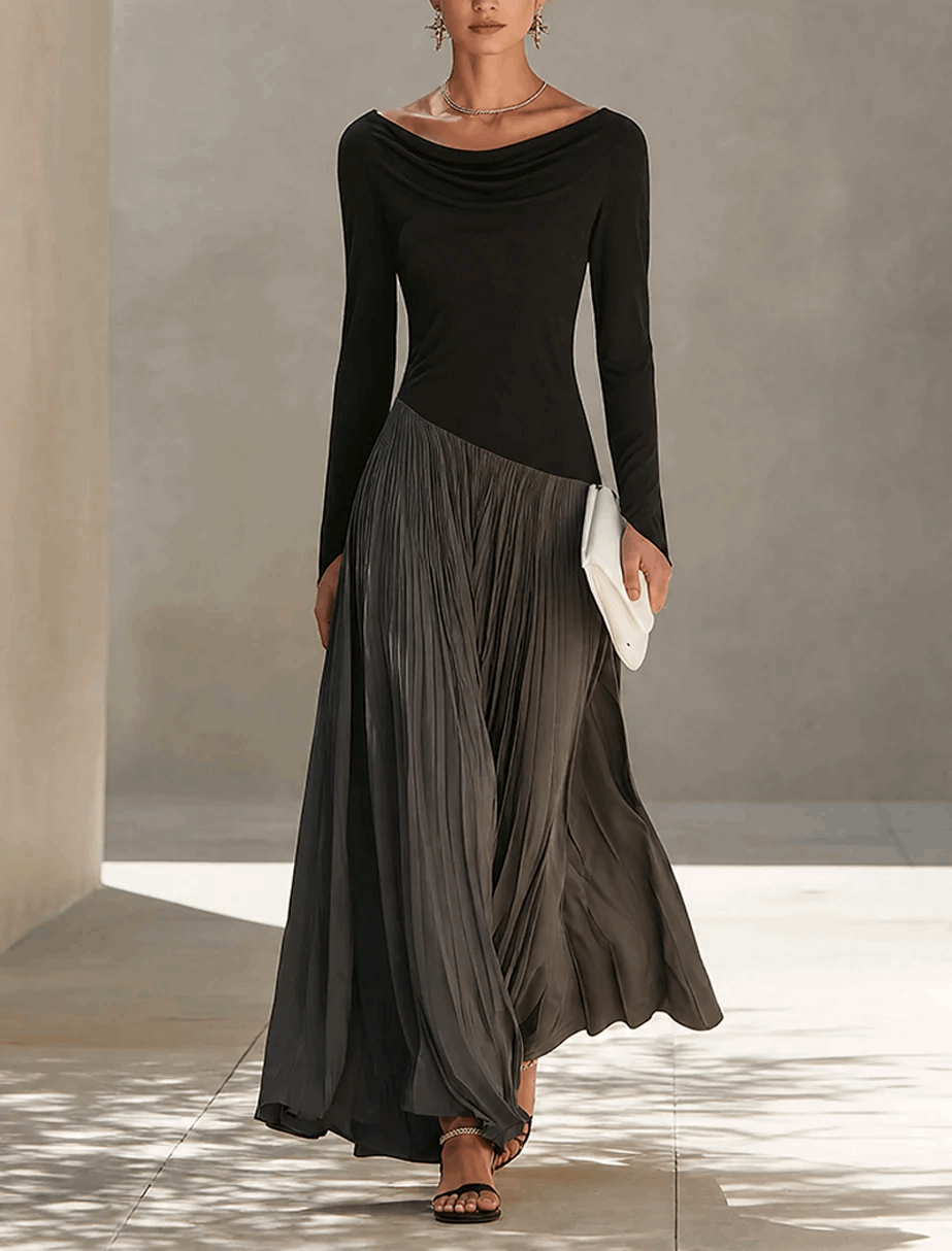 Nora | Vestido Largo Drapeado con Falda Plisada
