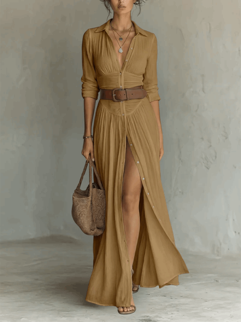 Vega | Vestido camisero maxi con abertura y cinturón
