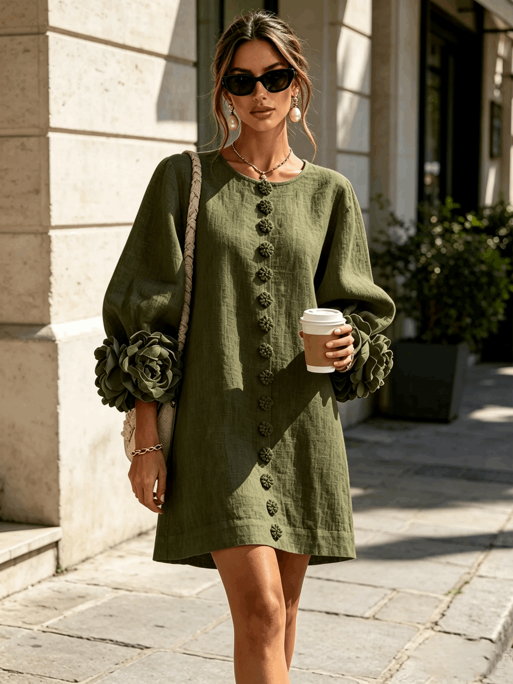 Paloma | Vestido texturizado de escote redondo y puños florales