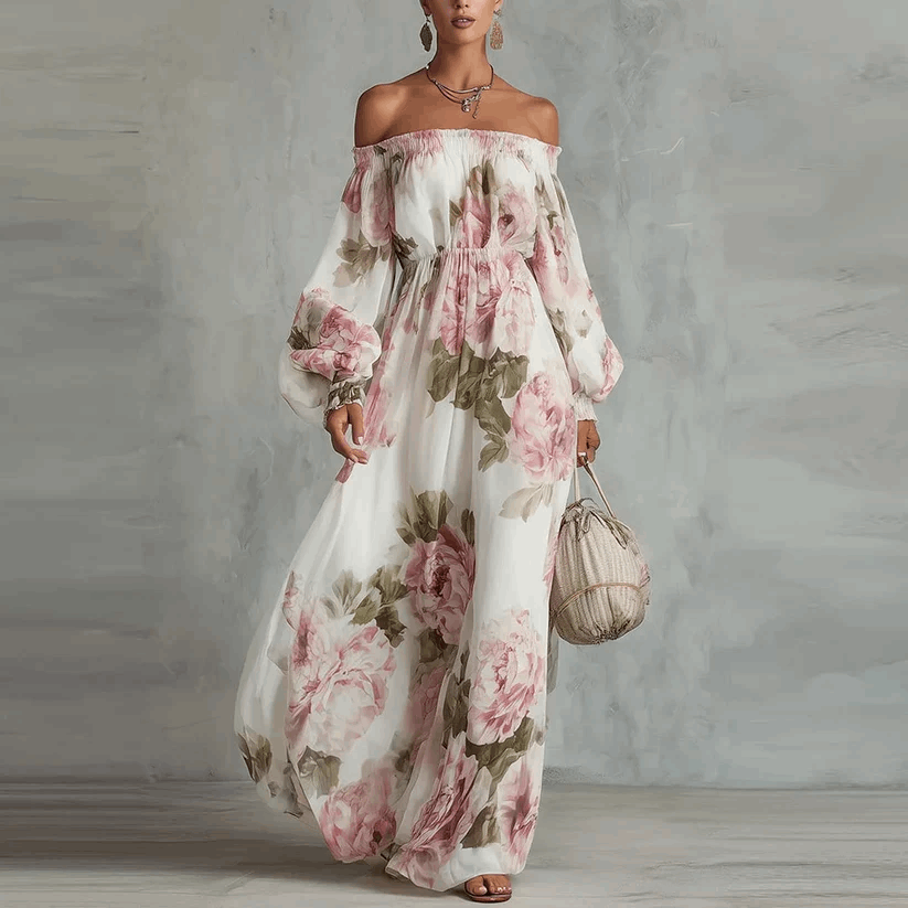 Rosalía | Vestido Maxi Estampado con Escote Off-Shoulder