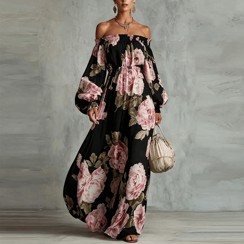 Rosalía | Vestido Maxi Estampado con Escote Off-Shoulder