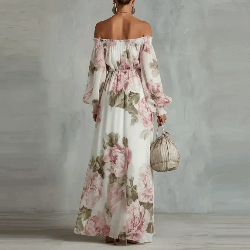 Rosalía | Vestido Maxi Estampado con Escote Off-Shoulder