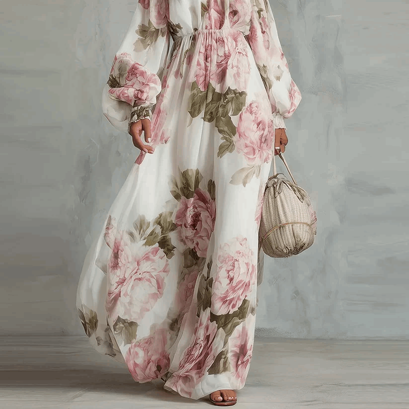 Rosalía | Vestido Maxi Estampado con Escote Off-Shoulder