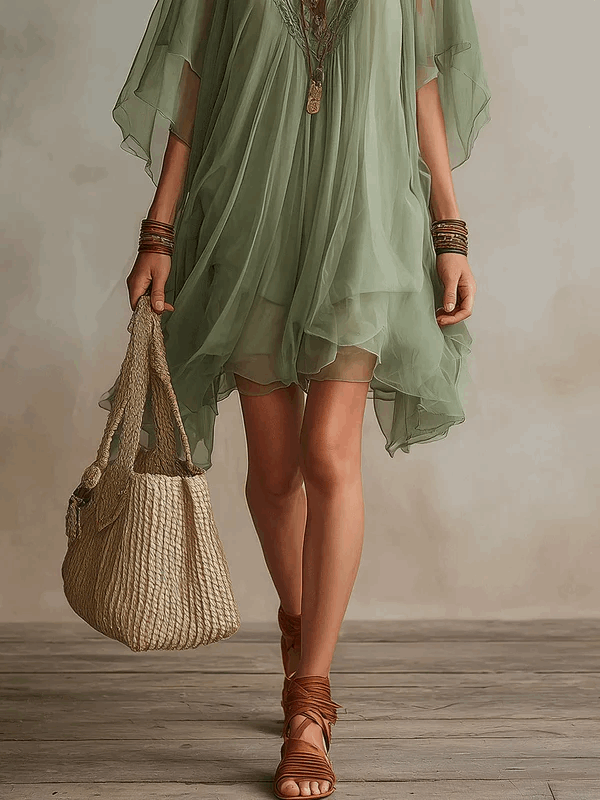 Silvia | Vestido vaporoso de encaje con mangas capa