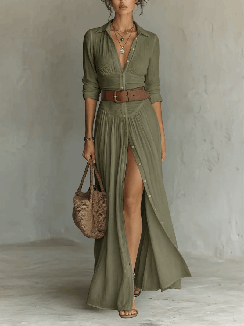 Vega | Vestido camisero maxi con abertura y cinturón