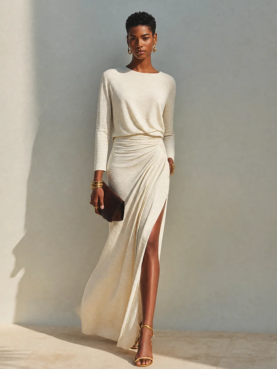 Violeta | Vestido midi drapeado con abertura