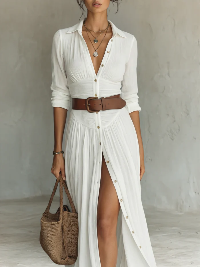 Vega | Vestido camisero maxi con abertura y cinturón