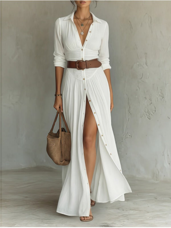 Vega | Vestido camisero maxi con abertura y cinturón