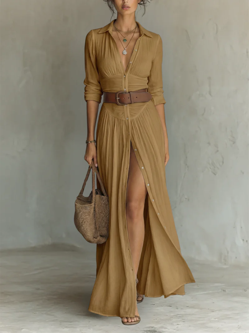 Vega | Vestido camisero maxi con abertura y cinturón