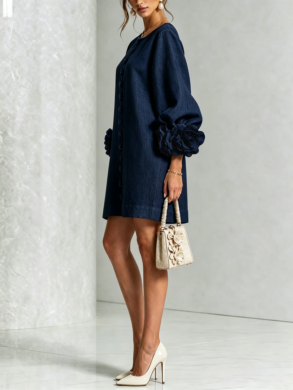 Paloma | Vestido texturizado de escote redondo y puños florales