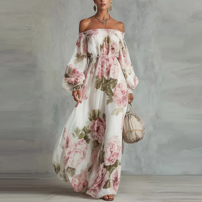 Rosalía | Vestido Maxi Estampado con Escote Off-Shoulder