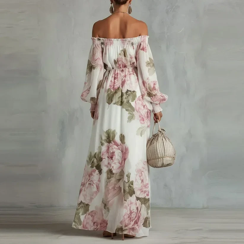 Rosalía | Vestido Maxi Estampado con Escote Off-Shoulder