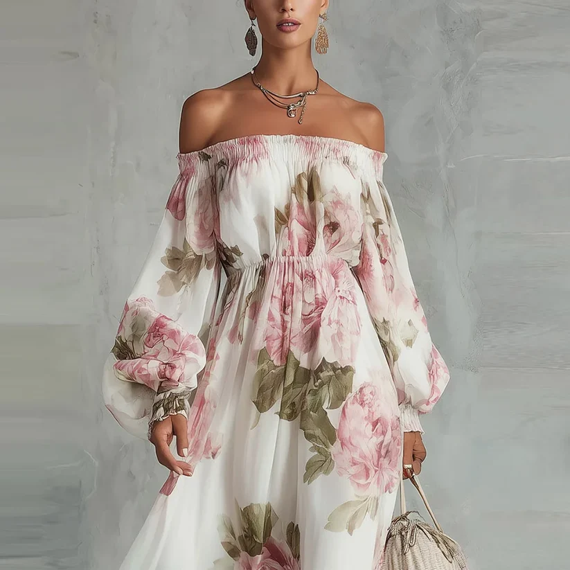 Rosalía | Vestido Maxi Estampado con Escote Off-Shoulder