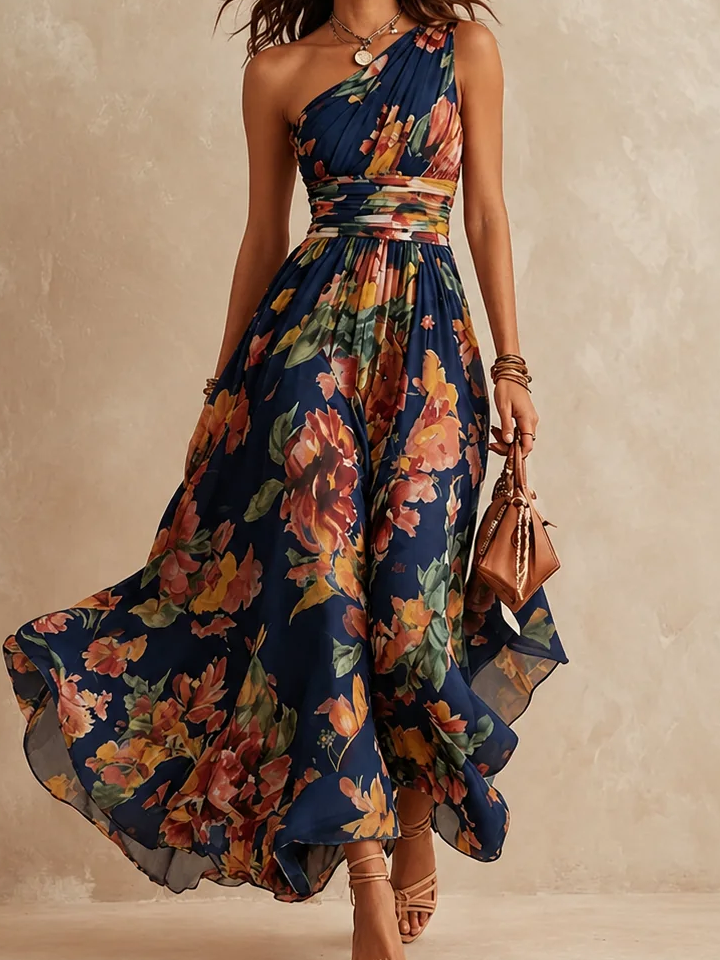 Adara | Vestido de un Hombro con Estampado Floral
