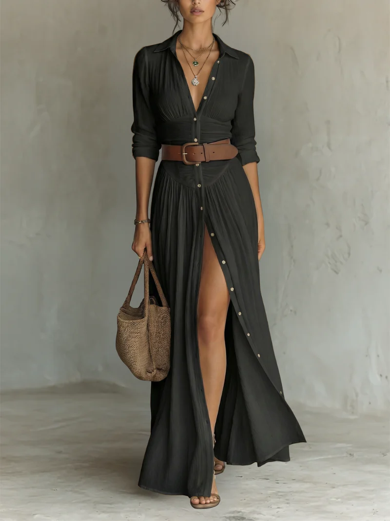 Vega | Vestido camisero maxi con abertura y cinturón