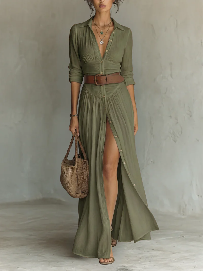 Vega | Vestido camisero maxi con abertura y cinturón