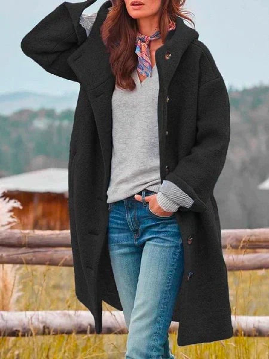 Éléonore | Long manteau à capuche et boutons