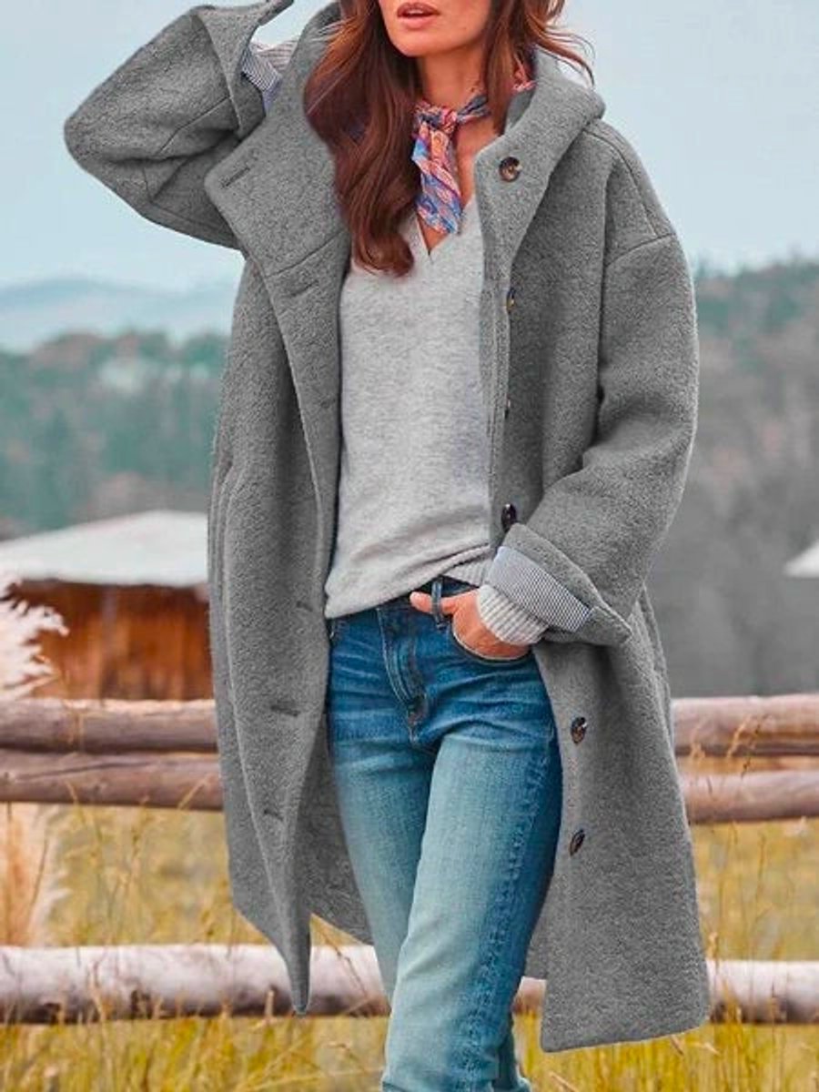 Éléonore | Long manteau à capuche et boutons