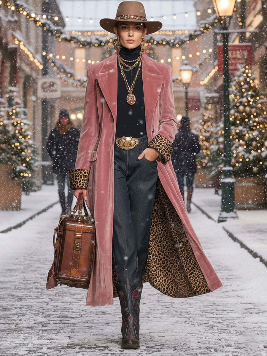 Élodie | Manteau en velours à revers, boutonnage simple et imprimé léopard